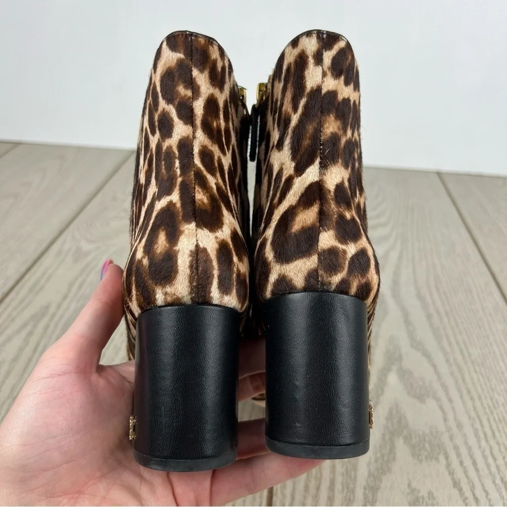Tory Burch Brooke Leopard Calf Hair Ankle Heeled Booties 6 Brown/Tan/Black $398